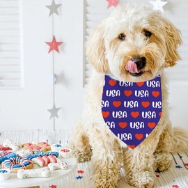 4Th of July Dog Bandanas, Reversible Dual-Layer Patriotic Theme Design 2 Pack, I Love USA Independence Day Square Dog Kerchief, American Flag Pet Scarf Dogs Gifts (04)