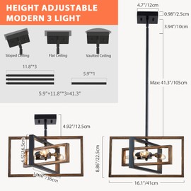 Majhoiw Farmhouse Chandelier for Dining Room 3-Light Black and Semi Flush Mount Ceiling Light Fixture for Bedroom Living Room Kitchen Island Hallway Wood Grain Finish