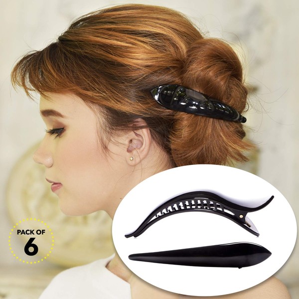 RC ROCHE ORNAMENT 6 Pcs Womens Hair Clip Professional Styling Sectioning Inner Teeth Curve Durable Alligator Duck Bill Jaw Strong Secure Grip Salon, Small Black
