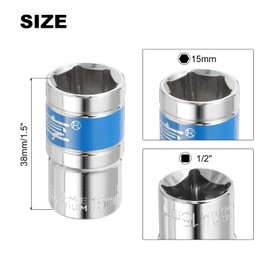 HARFINGTON 3pcs 1/2 Inch Drive 6-Point Socket 15mm CR-V Metric Shallow Socket Electric Wrench Socket for Mechanical Auto Repair, Silver Tone & Blue