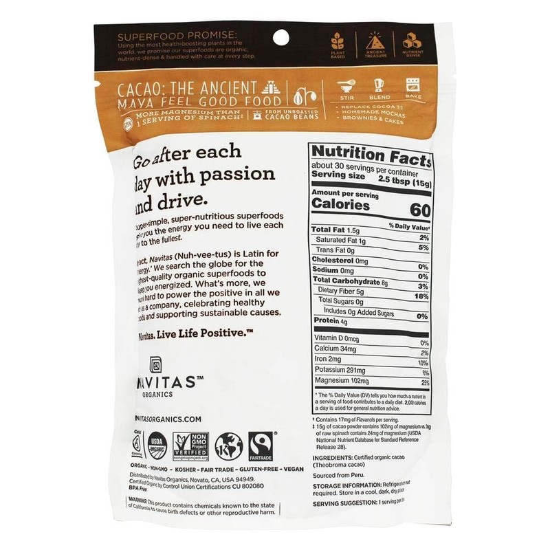 Navitas Organics Cacao Powder, Bags, 30 Servings, 1 Pound (Pack