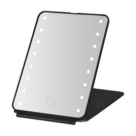 MELANNCO Folding Black LED Vanity Mirror, Dimmable LED Lights, Compact Packable Mirror, Rechargeable, Great for Travel