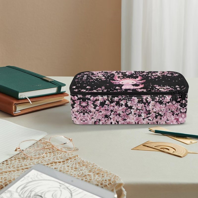TOADDMOS Axolotl Pencil Case with Handle Pink Cherry Blossom Storage