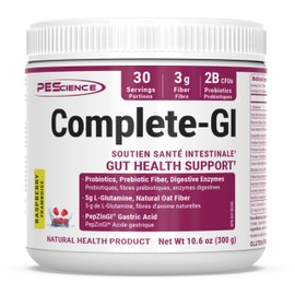 PEScience Complete-GI Gut Health Powder, Probiotics for Women and Men, Digestive Enzymes, Prebiotic Fiber, L Glutamine, Pepzin GI Zinc Carnosine, Raspberry Flavor, 30 Servings
