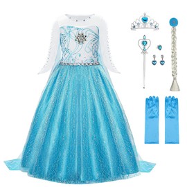 URAQT Elsa Dress, Elsa Princess Costume with Princess Crown Magic Wand Accessories, Princess Dress Up for Girls, Deluxe Shining Cloak Fancy Dress for Party/Cosplay/Bridesmaid