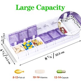 CSTDE Weekly Pill Box Organiser, Large Pill Organiser 2 Times a Day, Travel Tablet Medication Box with Push Button Design for Vitamin, Fish Oil, Supplements
