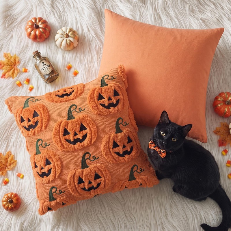 Halloween Throw Pillow Covers 18x18 Set of 2 Orange Pumpkin