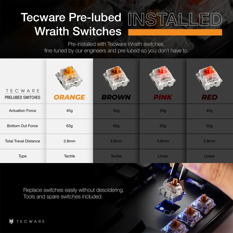 TECWARE Phantom+ 87 Key Mechanical Gaming Keyboard, RGB led, TKL