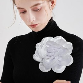 Flower Brooch, Dainty Satin Fabric Rose Flower Extra Big Lapel Pins Elegant Silk Camellia Brooches For Women Wedding Party Banquet Ceremony Dress Suit Accessories Jewelry Gifts (pure white)
