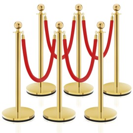6PCS Stanchion Post, Crowd Control Barriers, 5 ft Red Velvet Rope Red Carpet Ropes and Poles, Stainless Steel Gold Stanchions Used for Theaters, Parties, Wedding, Exhibition