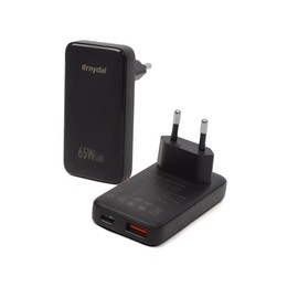 USB-C Charger, 65W GaN Power Supply with Flip Plug, Dual Port Fast Charger for Laptops, Tablets, Mobile Phones, Black