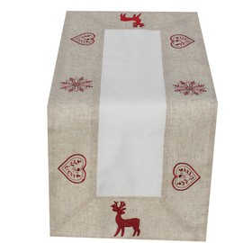 Table Runner Stag Beige and White Red Embroidered Very Beautiful Festive Embroidery for Winter Christmas Table Cloth Size: 40 x 90 cm