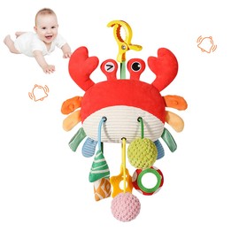 Baby Activity Hanging Toy, Soft Plush Crab Sensory Toys with Rattle ＆ Textures, Baby Stroller Toy, Toy for Car Seat and Crib, Early Educational Toys for Infant Boys and Girls
