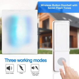 Doorbell 7 Colour LED Flash Button Door Bell IP44 Rainproof Door Chime Kit with 32 Melodies 5 Volume Levels (White)