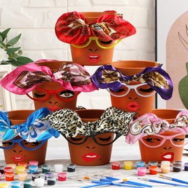 Sliner 6 Set Funny Plant Pots Painting Kit Cute Face Head Flower Pots with Glasses Chosen Sister Planter Include Glasses Silk Scarf Acrylic Paint for Outdoor Adults Art Painting DIY Crafts