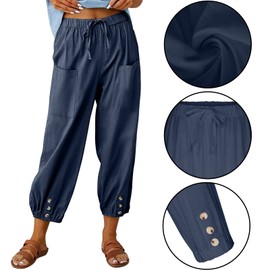 Women's High Waist Pants Drawstring Capri Pants with Pockets Wide Leg Cropped Pants for Women NavyBlue X-Large