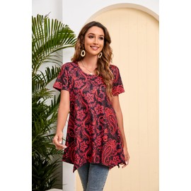 Enmain Ladies Tunic Tops Short Sleveve Plus Size Womens Tunic Dress Casual Long Tunics Shirts for Leggings Ladies Longline Loose Blouse T Shirt,Red,L