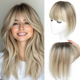 Hair Toppers for Women Real Human Hair Toppers with Bangs Hairpieces for Women with Thinning Hair 360° Cover Pieces 3 * 4.5 Swiss Base Hairpieces 10Inch (Ombre Light Brown with Blond Highlight)