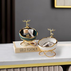 ELEGANTZ Decorative Ceramic Bowl with Gold Reindeer – Luxury Vanity Tray & Jewelry Holder – Modern Catchall Dish for Keys, Rings, Accessories – Elegant Counter Decor for Entryway, Dresser, or Bathroom