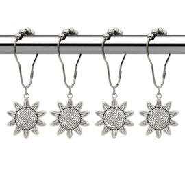 Sunflower Shower Curtain Hooks Rings Decorative Home Bathroom, Rust Proof Stainless Steel Shower Curtain Ring Set, Metal Chrysanthemum Flower Decor Bathroom Accessories 12 Pcs (Silver)