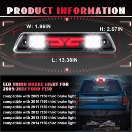 Nrgedzam LED Third Brake Light for Ford F150 Smoked Lens 3rd Brake Light for 2009 2010 2011 2012 2013 2014 Ford F150 Third Brake Light Rear Cargo Light High Mount Stop Light