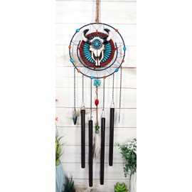 Ebros Gift Southwest Western Tribal Native Boho Chic Turquoise Maroon Rocks with Bull Cow Skull and Dreamcatcher Web Feathers Wind Chime Noisemaker Outdoor Patio Garden Mobile Accent