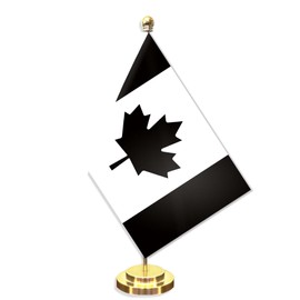 Black Canadian Desk Small Flag Set,5×8 Inch Dark Canada Mini Desktop table Banner,12" Metal Solid Pole Decor,Tiny Digital Printed Polyester Banner With Golden Base