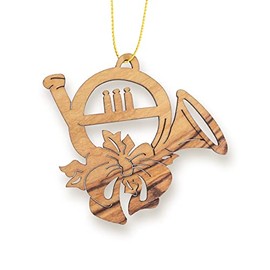 French Horn Christmas Ornament, Olive Wood Seasonal Decorations for Music Lovers & Band Members, Small Wooden Xmas Tree Holiday Hanging Ornaments, Made in The Holy Land of Bethlehem, Israel