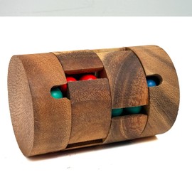 Revlove Wooden Brain Teaser Puzzle, Cylinder with Rotatable Rings, 4 Vertical Shafts, Dark Samena Wood