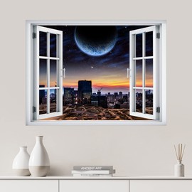 SIGNWIN Removable Wall Sticker/Wall Mural Window View Full Moon Over Futuristic City Nature Wilderness Photography Realism Decorative Landscape Digital Art for Living Room, Bedroom, Office - 24"x32"
