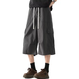 WUXZHI Wide Cargo Pants, Men's, 3/4 Length, Women's, Military, Loose, Sarouel, Outdoor, Street, Camouflage, American Casual, Work Pants, Unisex, Fashion, gray (dark gray), XL