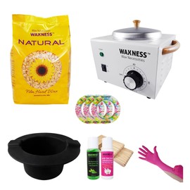 Waxness Natural Professional Stripless Waxing Kit with 2.2 lb Wax Bag, Wax Heater WN-5001L Luxury Edition - Holds 16 oz and Black Non-Stick Easy Clean Silicone Bowl