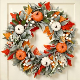 Waipfaru 22 Inch Fall Wreaths for Front Door, Autumn Orange White Pumpkin Wreath with Welcome Sign, Fall Decorations for Indoor Outdoor Autumn Thanksgiving Decor (2 Pcs)