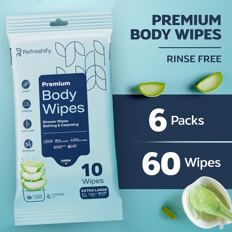 60 XL Shower Wipes – Body Wipes for Adults Bathing