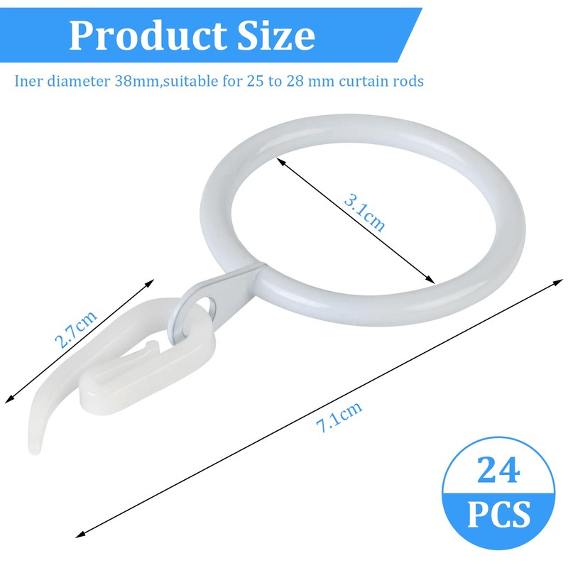 Curtain Rings, 24pcs Metal Rings with 24pcs Plastic Hooks, Drape