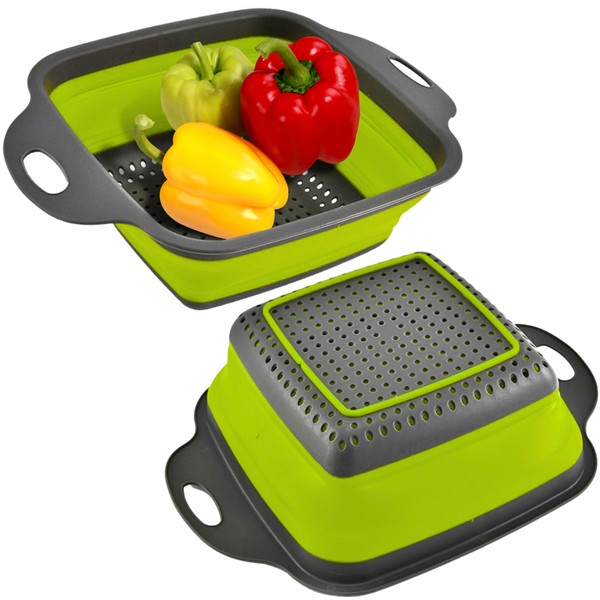Square Collapsible Colander with Handles – Green Square Silicone Kitchen