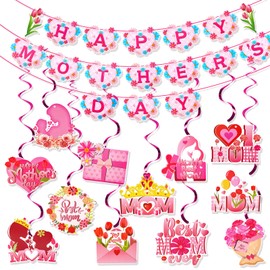 HOWAF Mother’s Day Decoration, Pink Floral Mother’s Day Bunting Banner Mother’s Day Foil Swirls, Happy Mother’s Day Banner with Mother’s Day Hanging Swirls for Mom’s Day Mom’s Birthday Party Supplies