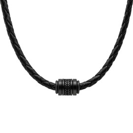 David Galvani Men's Genuine Leather Necklace - Braided Necklace with Stainless Steel Bead - 45/50/55 cm - Gift Box Included, Stylish Men's Accessory, 50 cm, Leather, No Gemstone