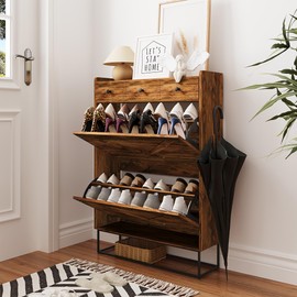 LAUSAINT HOME Shoe Storage Cabinet with 2 Flip Drawers & 3 Drawers for Entryway, Freestanding Hidden Shoe Organizer with Metal Legs, Slim Narrow Shoe Rack Cabinet, Rustic Brown