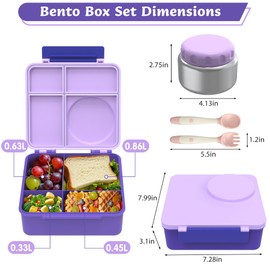 Bento Lunch Box Set for Kids with 8oz Soup Thermo, Leak-Proof Lunch Containers with 4 Compartment, Thermo Hot Food Jar and Insulated Lunch Bag for Kids to School (Pale Purple)