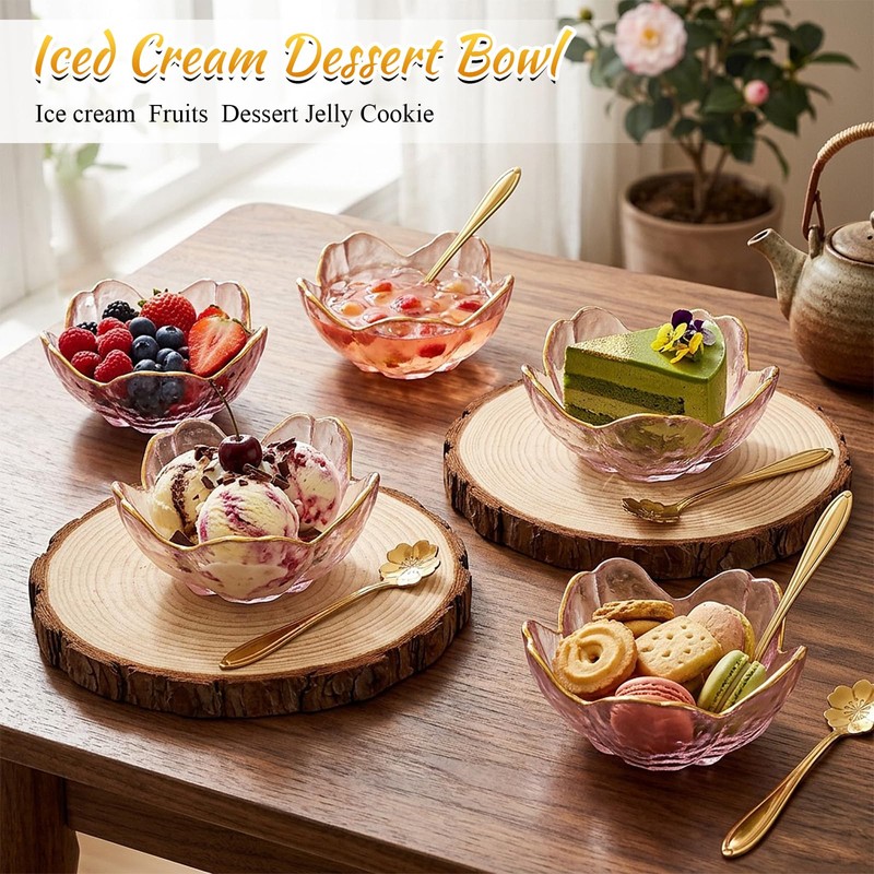 8 Pcs Gold Rim Pink Cherry Blossom Glass Bowls and