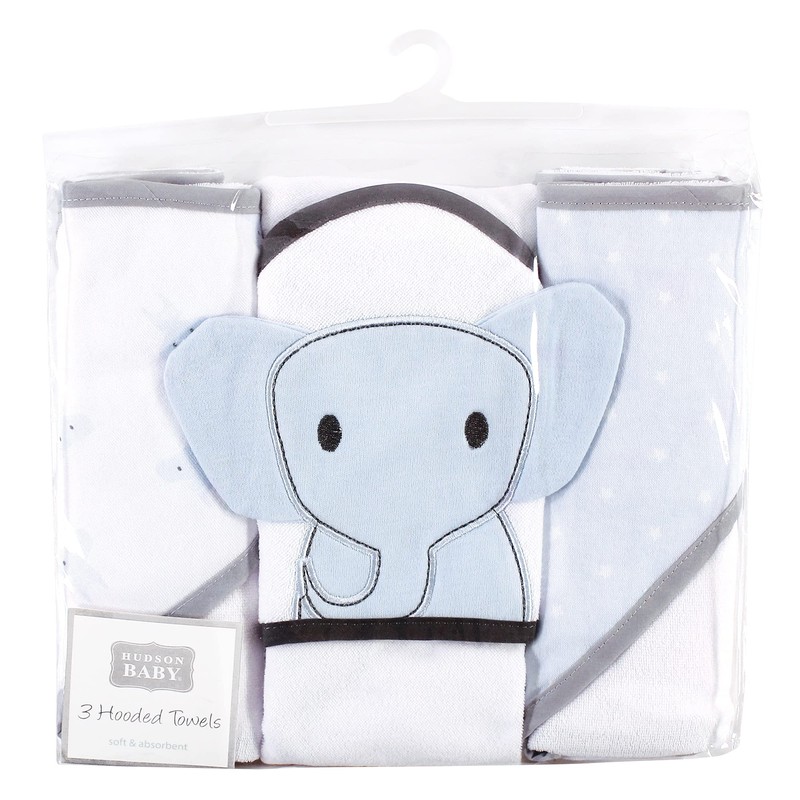 Hudson Baby Unisex Baby Cotton Rich Hooded Towels, Blue Elephant,
