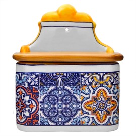 Portuguese Pottery Alcobaça Ceramic Decorative Salt Cellar with Lid for Kitchen (Yellow)