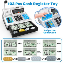 Calculator Cash Register - 103 Pcs Toy Cash Register, Store Set with Microphone, Credit Card and Banking for Kids, Toddler Math Learning Toys, Preschool Gifts for 3, 4, 5, 6, 7, 8+ Years Old Boy Girl