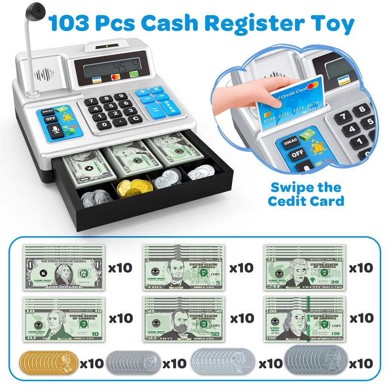 Calculator Cash Register - 103 Pcs Toy Cash Register, Store