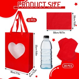 Whaline Valentine's Day Paper Gift Bags with Heart Clear Window Love Heart Red Party Favor Bags with Handle Goodie Candy Treat Bags with Tissue Paper For Wedding Anniversary Holiday, 12Pcs