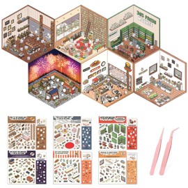 6 Sets DIY 3D House Stickers, Fun DIY Stickers Scene with 2 Pcs Tweezers, Cartoon Scene Stickers Make Your Own Supermarket Bookstore Bakery 3D Cute Funny Stickers for Adult Pass The Time