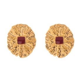 DIAMANTIO 18K Gold Plated Vintage Textured Stud Earrings for Women – Retro Hammered Disc with Red Center Stone – Statement Chunky Earrings – Classic Bold Jewelry Gift