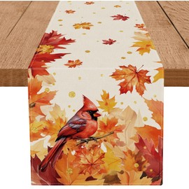 Fall Table Runner Design for Cardinal Red Bird Maple Leaves Autumn Thanksgiving Table Decorations Home Kitchen Dining Party Decor 13x48 Inch