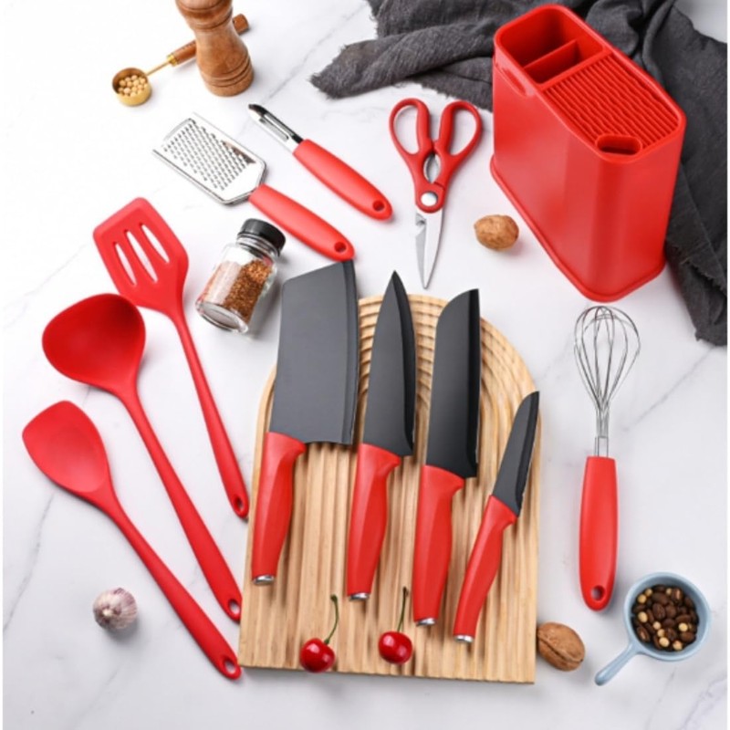 Henlutuo 12-Piece Silicone Kitchen Utensil Set with Stainless Steel Knives